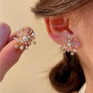 Pearl Sunburst Star Earrings, Fuax Pearl and Cubic Zirconia Firework Earrings